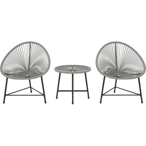 Ensemble jardin 3 pièces : 2 chaises rotin synthétique, 1 table plateau verre, cadre acier, mobilier extérieur, couleur gris (1/5)