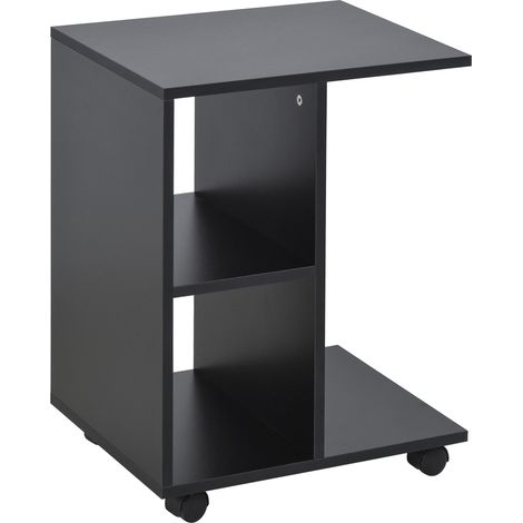 Tavolino da Salotto a C con 2 Ripiani Aperti e 4 Ruote Girevoli, 45x35x58 cm, Nero