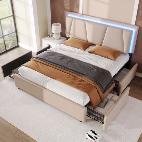 letto contenitore 140x200 LED cassetti beige OKMYHOME (1/5)