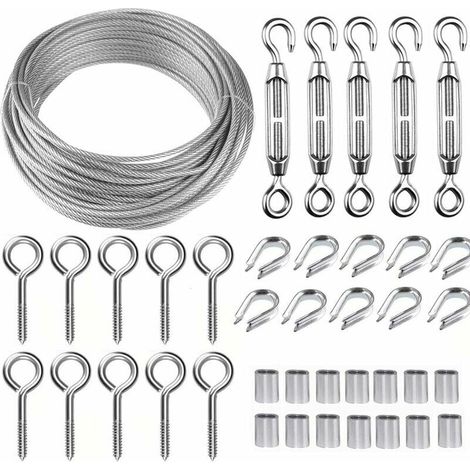 Kit de cable métallique en acier inoxydable de 30 m/2 mm avec tendeur de fil robuste M5, kit de rouleau de fil de clture, kit de garde-corps de cable, tendeurs de fil de jardin pour plantes grimpante (1/3)
