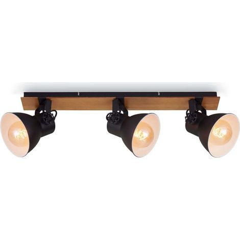 plafonnier rétro avec poutres en bois, plafonnier vintage à 3 flammes, douille E27 max. 40 watts, abat-jour réglable, spot de plafond rustique, noir-blanc-bois (1/5)