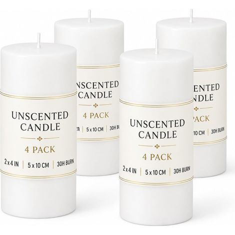 Lot de 4 Bougies Piliers Blanches non Parfumées - 5 x 10 cm - Longue Durée 30h - Paraffine de Haute Qualité avec Mèche en Coton - Décoration pour Mariage, Église, Maison et Fêtes (1/5)