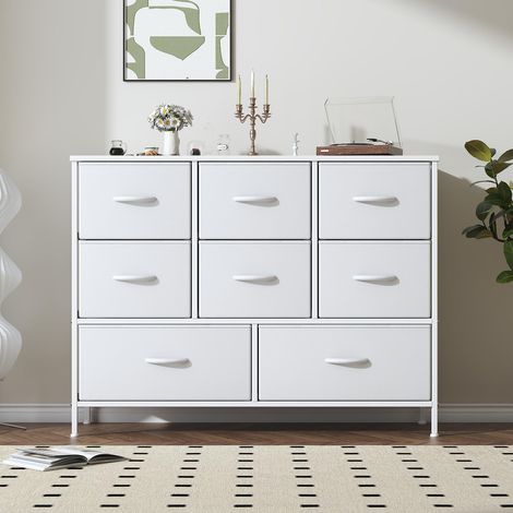 Kommode, Stoffkommode mit Metallrahmen und MDF-Holzplatte, verstellbare Füße, Kippsicherung, Aufbewahrungsschrank für Schlafzimmer, Wohnzimmer, Kleiderschrank, Weiß (1/5)