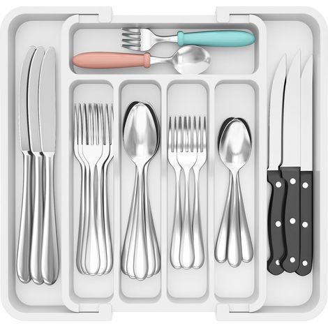 Rangement Couvert pour Tiroir, Range-Couvert Extensible, Organisateur Couvert Cuisine, Boite Rangement Pour Cuillères, Fourchettes, Couteaux, Profondeur 31 cm, Largeur 23-37cm, Blanc (1/5)