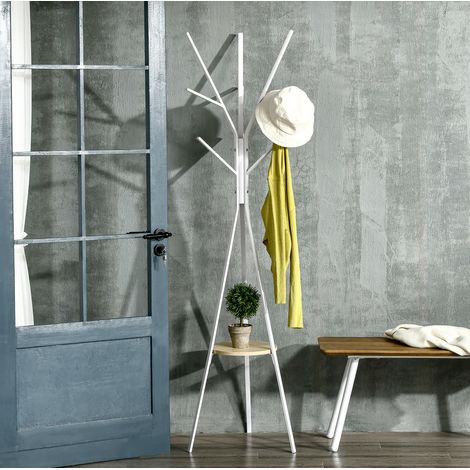 Perchero de pie 45x45x180 cm blanco en hierro con 8 ganchos y balda (1/5)