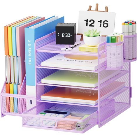 Organisateur de Bureau avec Porte-Documents,5-Niveaux Porte-Lettres Rangement Maille,pour Fournitures de Bureau Domicile(Violet avec Tiroir Porte-Stylos) (1/5)