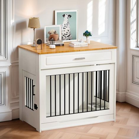 Dog Cage Cabinet with Sliding Lift Door, White  Can be used as a side table with 360° swivel bowl, decorative wooden kennel with drawer for medium and large dogs (1/5)
