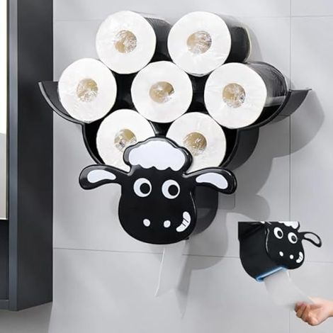 Porte-rouleau de papier toilette en forme de mouton - Fixation murale pour 12 rouleaux supplémentaires - Facile à installer - Motif vache - Décoration de salle de bain amusante - Noir (1/5)