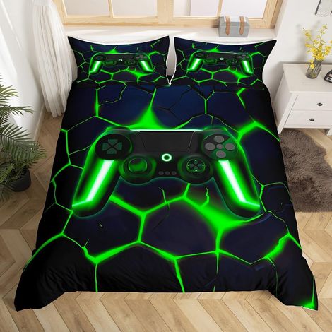 Housse de Couette Garcon Gaming, Parure de Lit 140x200 Enfant Gamer, Sets de Housses de Couettes Géométrique Abstrait, Couvre Lit Motif Hexagonal Vert en Feu, avec 1 Taie d'oreiller (1/5)