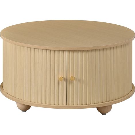 Table basse ronde 72x72x38 cm MDF relief vertical, portes coulissantes métal 4 espaces rangement salon, naturel (1/5)