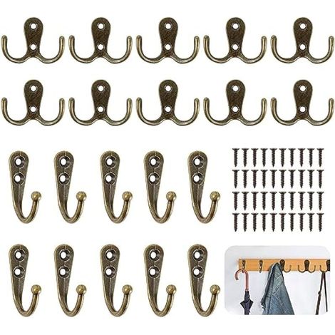 Lot de 20 crochets muraux doubles vintage en bronze avec vis pour porte, armoires, cuisine, bureau (1/4)