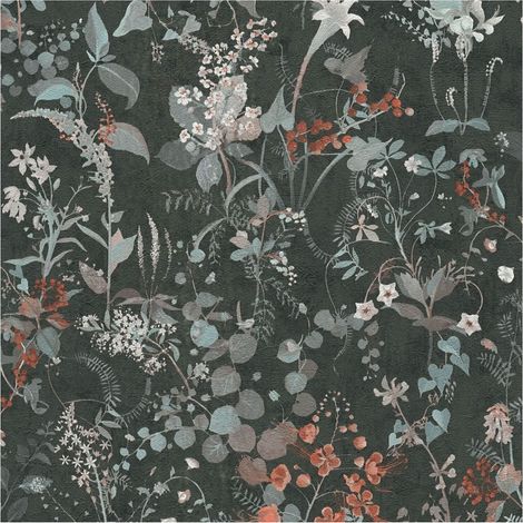 Flowers wallcovering wall Profhome 388254 hot embossed non-woven wallpaper textured with floral ornaments matt black grey teal red 5.33 m2 (1/5)