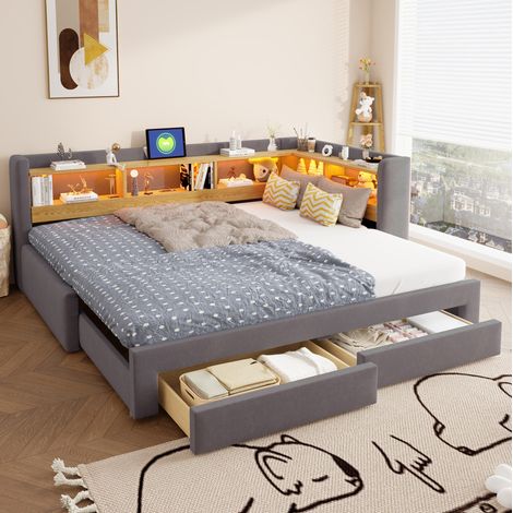 MODFU – Lit banquette enfant 90x200 cm tissu – Extensible 180x200 cm et structure en L – LED, prise et 24 lattes – Chambre d'amis ou studio – Gris (1/5)