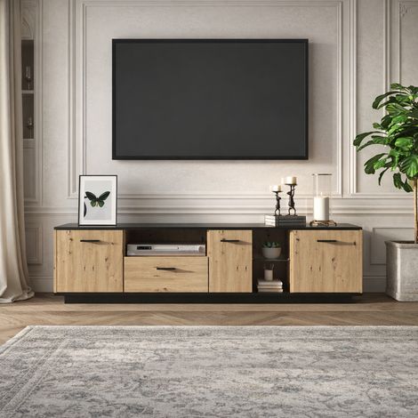 Meuble TV LED, Etagère en Verre, 3 Portes, Compartiments Ouverts e Tiroir, Banc TV pour Salon, Noir et Bois Naturel, 180x40x45cm (1/5)