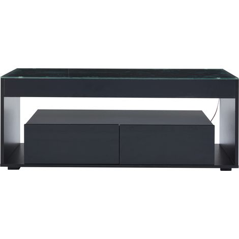 Tavolino da caffè rettangolare con LED e 2 cassetti in vetro temperato 100x50x40 cm nero MODENUIT (1/5)