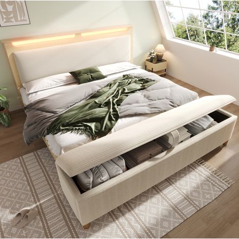 Cama doble moderna 180x200 cm en madera color roble claro y pana beige, con cabecero con estantes LED y banco arcón (1/5)
