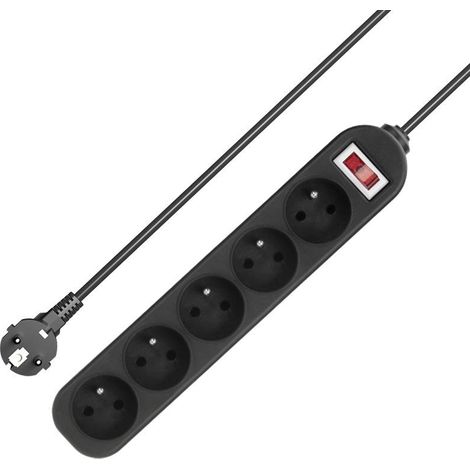 Bloc 5 prises avec interrupteur, fiche plate 3 m, noir (1/5)