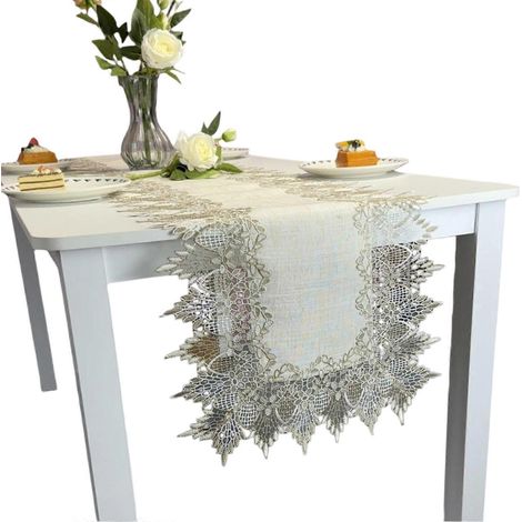 Chemin de table/nappe en dentelle brodée élégante, imperméable et facile d'entretien, idéale pour les repas quotidiens. 40 x 130 cm. (1/5)