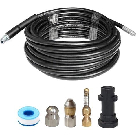 Tuyau de nettoyage de canalisations haute pression pour K1-K5 10 m, 15 m, 20 m, nettoyeur de tuyaux d'égout en métal et caoutchouc avec connecteur rapide et buses (20 m) (1/5)
