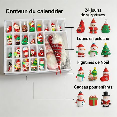 Adventskalender 2026 mit 3 Plüschelfen und 24 Überraschungen, Weihnachtsfiguren (Weihnachtsmann, Schneemann, Weihnachtsbaum), Kindergeschenk, Überraschungsbox mit Countdown-Dekoration (1/5)