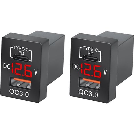 2x Ladegerät QC3.0 USB-Autoladegerät mit PD Typ-C-Anschluss, roter LED und digitalem Voltmeter für Toyota Schnellladung (rote Spannung) (1/5)
