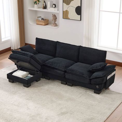 Canapé d'angle 260x132x84cm Noir Velours Côtelé 3 Places avec Pouf Coffre de Rangement, Port USB-C et Poches Latérales (1/5)