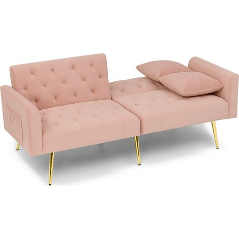 Canapé 2 places en velours avec dossier inclinable 3 positions et 2 coussins, piètement métal doré, rose (1/5)