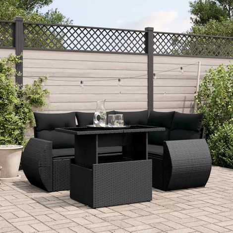 Ensemble Salon Jardin 5 Places Noir Résine Tressée avec Table Réglable et Coussins Lavables (1/4)