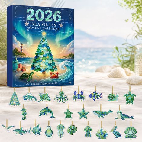 Adventskalender 2026 aus Treibglas – 24 Teile – grün-blau – Acryl – 5 cm – Anhänger mit Meeresmotiven – Countdown-Kalender – Weihnachtsbaumschmuck – geeignet für Weihnachten und als Dekoration (1/5)