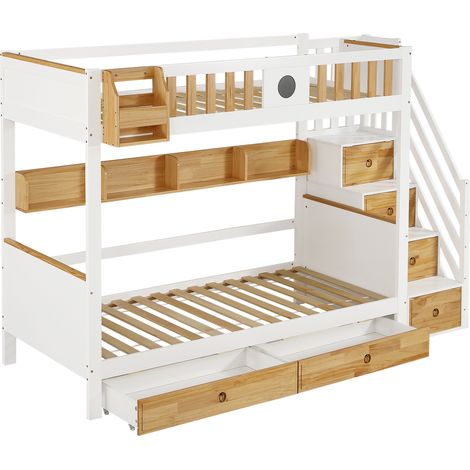 Litera infantil 90x200 cm con escalera de almacenaje, cajones y estante, blanco natural (1/5)