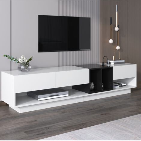 TV-Möbel Lowboard 190 x 40 x 42 cm Hochglanz-Weiß und Schwarz mit 3 Schubladen und 2 Fächern HAVRYA (1/5)