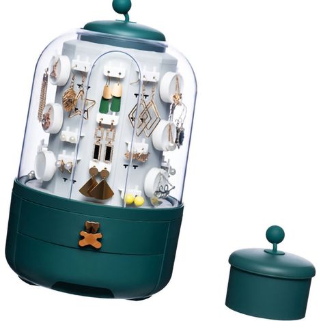 Boîte à bijoux de table anti-poussière, grande capacité, support pour boucles d'oreilles, modèle standard vert. (1/5)