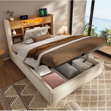 MEUBLIV Lit coffre 90 x 200 cm en lin beige avec LED tête de lit avec rangement ports USB et USB C structure en fer et bois (1/5)