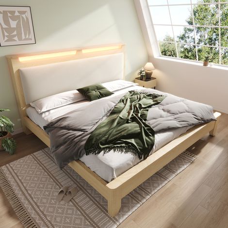 Cama doble con cabecero LED y almacenaje en beige OKMYHOME (1/5)