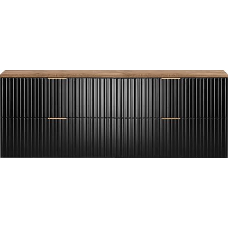 Furnidea - Meuble sous vasque à suspendre FLOW noir avec le plan chêne wotan 160 cm - 4 tiroirs - façades rainurées (1/5)