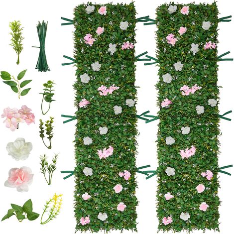 Mophorn Künstliche Hecke 2,4 m x 61 cm 2 Stk., Pflanzenwand aus PE, Sichtschutzzaun mit Seidenblumen, Dekorativer Heckenzaun, Kunstpflanzen Balkonverkleidung für Hochzeiten, Gärten und Hinterhöfe (1/5)