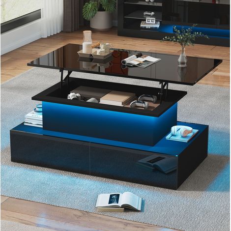 Table basse LED à plateau relevable, 4 tiroirs, 90 x 55 x 41 cm, noir brillant HAVRYA (1/5)