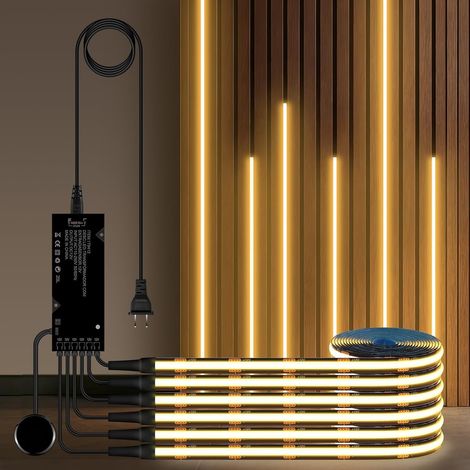 Bande LED COB - 2 m - 6 rouleaux - 12 V - Blanc chaud - Panneaux acoustiques découpables - Bande LED COB - Avec interrupteur tactile et à balayage de la main avec variateur d'intensité (1/5)