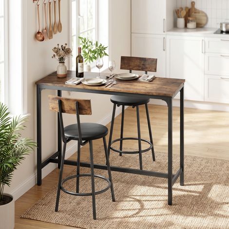 Ensemble Table de Bar avec 2 Tabourets, Table Haute de Cuisine et 2 Chaises de Bar Rembourrées PU, Repose-Pieds, Marron (1/5)
