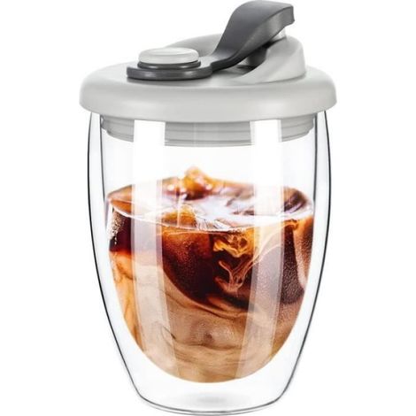 Tasse en Verre Double Paroi - - 350 ml - Couvercle en Silicone - Pour Café et Lait - Design Contemporain (1/4)