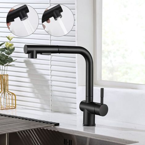 Robinet Cuisine avec Douchette Extractible Noir, Mitigeur Cuisine avec Douchette à 2 Jets, Mitigeur Evier en Acier Inox Sans-Plom Pivotant à 360° (1/5)