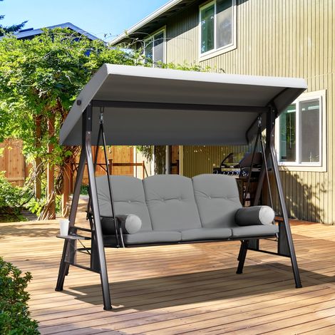 Balancelle jardin 3 personnes, auvent pivotant ajustable, coussins et tablettes, 116x206x183 cm, polyester gris clair (1/5)