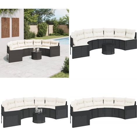 Canapé de jardin table coussins demi-rond noir résine tressée - Canapé De Jardin - Salon De Jardin - Ensemble Jardin - Mobilier De Jardin - Résine Tressée - Home & Living (1/5)