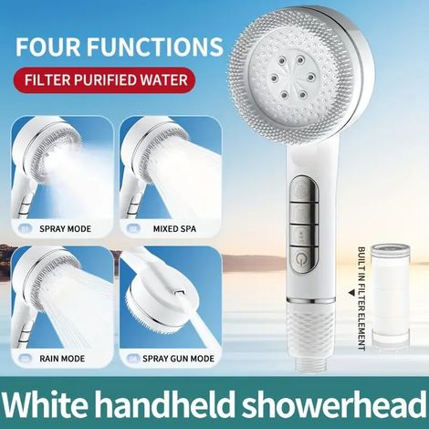Pommeau de douche filtrant suralimenté (blanc) à quatre vitesses avec joint d'étanchéité, accessoire de salle de bain multifonctionnel pour la douche et la maison. (1/5)