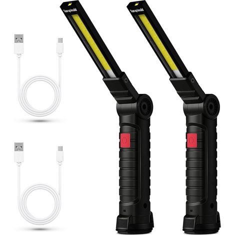 2pcs Lampes de Travail LED Rechargeables, COB Baladeuse LED lampe torche, Lampe Portable Avec Base Magnétique Et Crochet De Suspension 5 Modes Pour Garage, Camping, d'urgence, etc (Noir) (1/5)