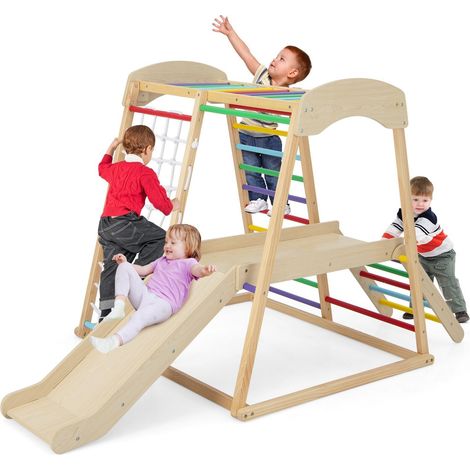 6 in 1 Wooden Climber Playset Kids Slide Jungle-Colorful
