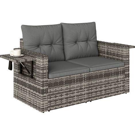 2-Sitzer Rattansofa mit Kissen Klappbar Seitentabletts Loungesofa Sitzgruppe Hellgrau