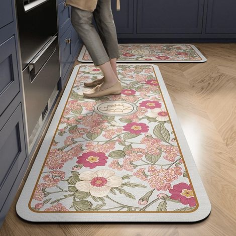 Fleurs Rétro Tapis Cuisine Long Antidérapant au Design Moderne, Lavable Absorbant Diatomite Cuisine Devant Evier Tapis de Bain Vaisselle Douche (Rose,40x60cm) (1/5)