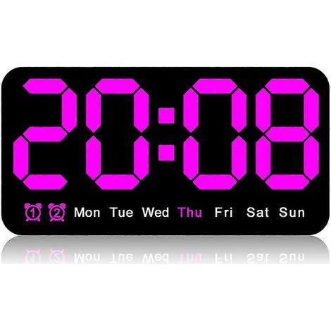 Grande horloge murale numérique, 24 cm (9,5 pouces), réveil LED avec grands chiffres, heure d'été, idéale pour le salon, la chambre ou la salle de classe, couleur violette. (1/5)