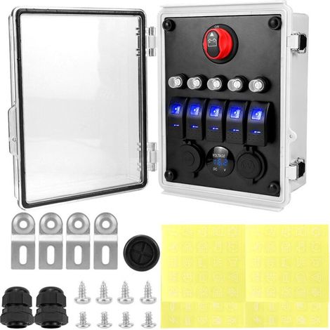 Pannello di controllo con interruttori a bilanciere a 5 posizioni, impermeabile, illuminato a LED, con interruttore automatico, caricatore USB e voltmetro a LED. (1/2)